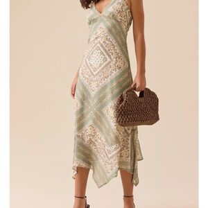 Altar'd State Leona Halter Patchwork Dress Sage & Cream Asymmetrical Midi Dress